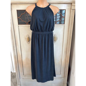 EUC LOFT Black High Shoulder Midi Dress | Size Large